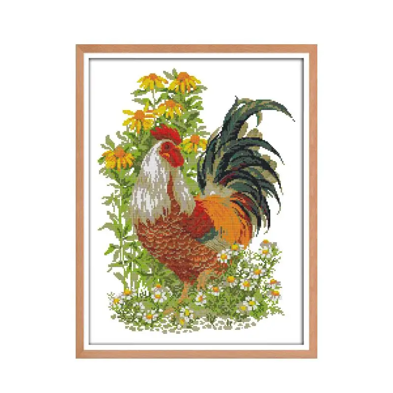 Rooster  cross stitch kit animal under daisy flowers aida 14ct 11ct count print canvas stitches embroidery DIY handmade craft