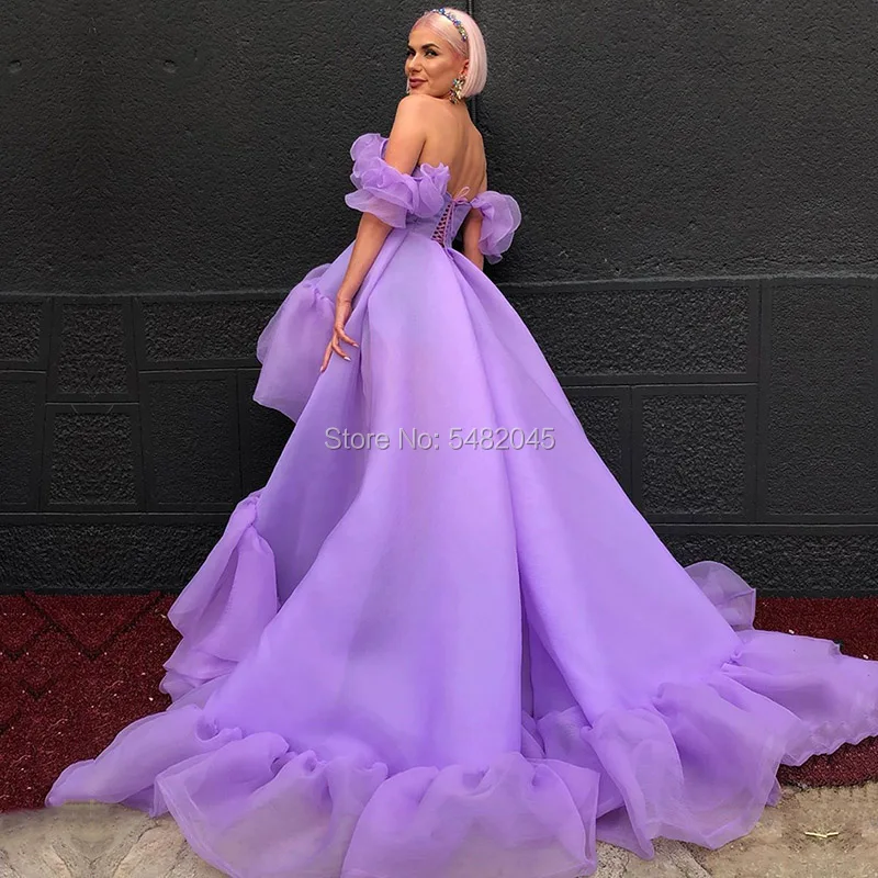 LORIE High Low Prom Dresses Arabic Lavender Ruffles Off the Shoulder Organza Evening Gown Girl Party Dress for Graduation