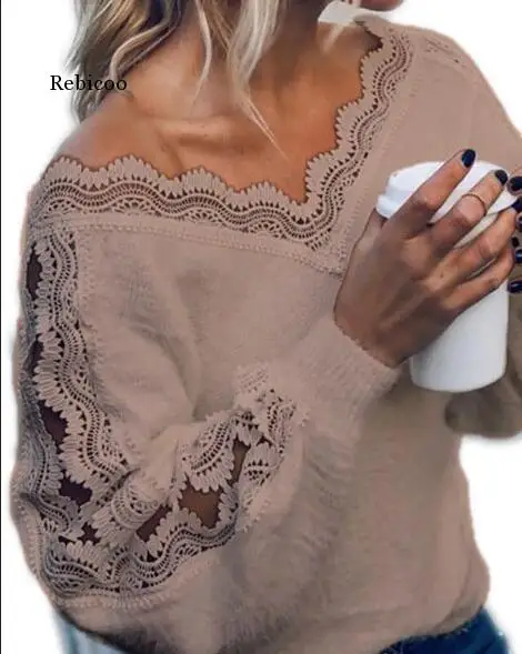 Women Fluffy Sexy V Neck Lace Hollow Knit Sweater Autumn Winter Long Sleeve Pullover Tops Elegant Women White Jumper