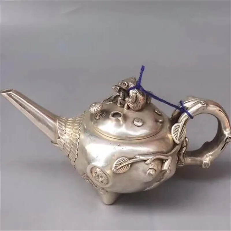 Collection retro copper crafts Tibetan silver squirrel mother and child teapot long-root tree teapot kettle wine pot