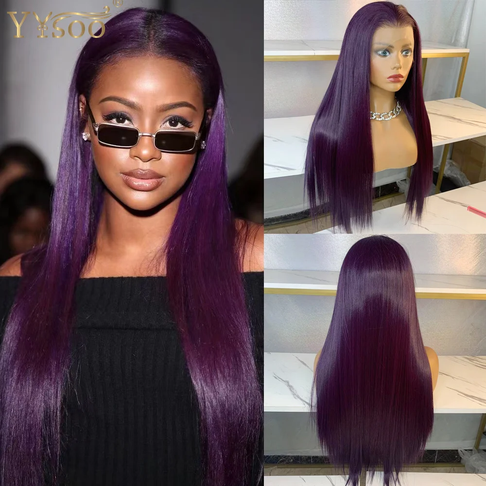 YYsoo Dark Purple 950# Long 13x4 Synthetic Hair Lace Front Wigs For Women Futura Heat Resistant Silky Straight Wig Pre-Plucked