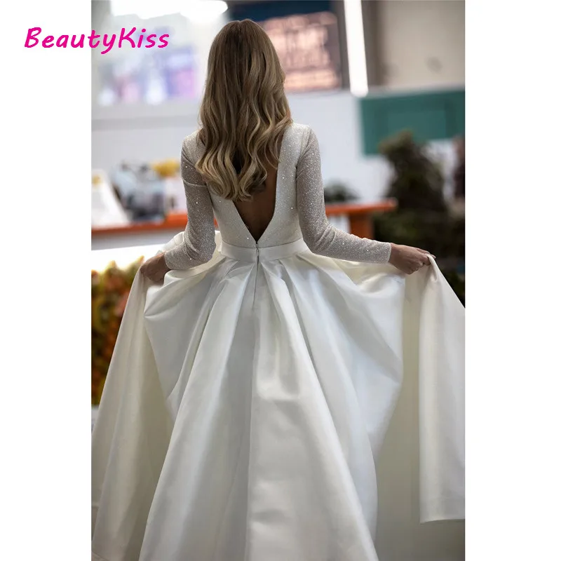 Abiti da sposa in raso scintillante per donna abiti da sposa a maniche lunghe senza schienale con scollo a v e tasca Plus Size Vestido De Noiva