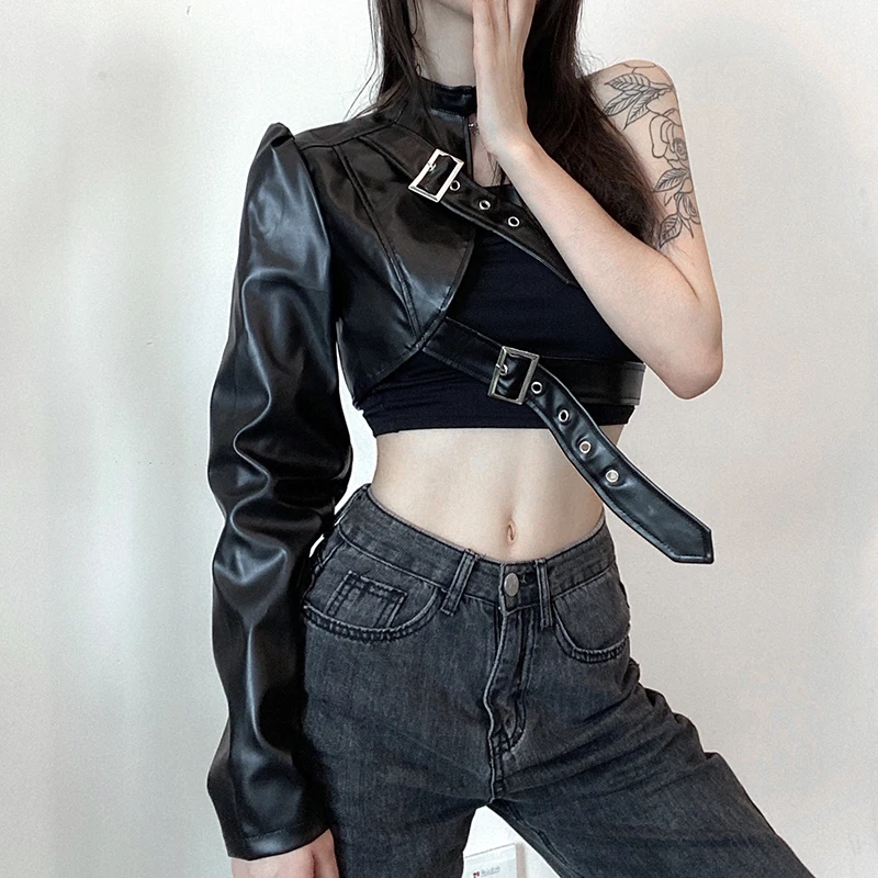 SUCHCUTE Hip Hop Fashion PU Leather Jacket Women Metal Buttons One shoulder Sexy Punk Streetwear Halter Crop Top Goth Techwear