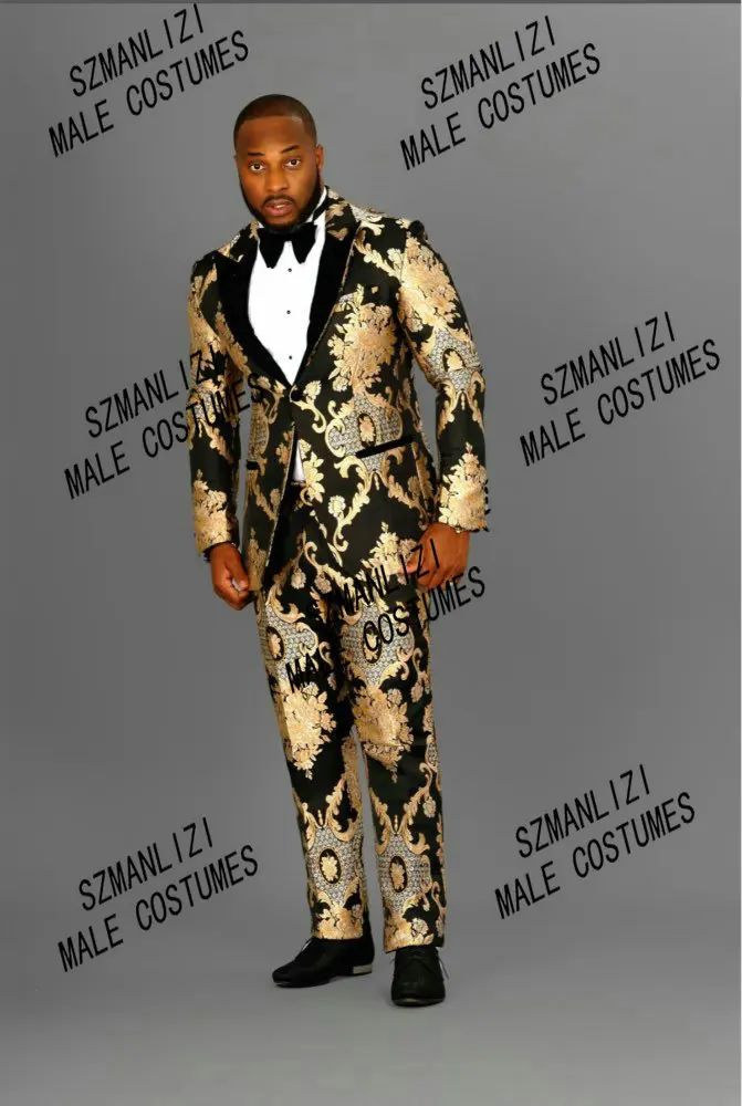 

New Designs Mens Wedding Suits Slim Fit Groom Black Gold Embroidery Floral Formal Tuxedo Men Suit Stage Prom Party Jacket Pants