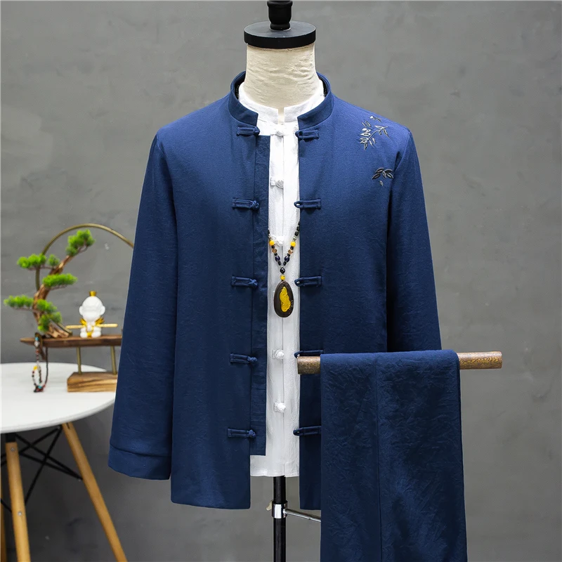 

Blue Buckle Zhongshan Fu Men Suits Two Piece Chinese Embroidery Jackets Tang Mandarin Kung Fu Style Mens Clothing Oriental Style