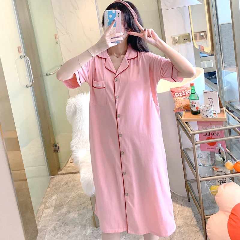 Summer maternity cotton nightgown postpartum woman lactation cardigan pajamas short-sleeved turn-down collar breastfeeding dress