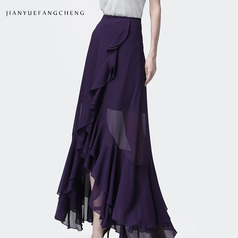 

Floor-Length Womens Summer Chiffon Maxi Skirt High Waist A-Line Slim Elegant Draped Irregular Ruffles Plus Size Long Skirts