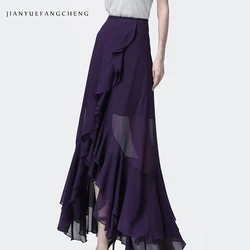 Floor-Length Womens Summer Chiffon Maxi Skirt High Waist A-Line Slim Elegant Draped Irregular Ruffles Plus Size Long Skirts