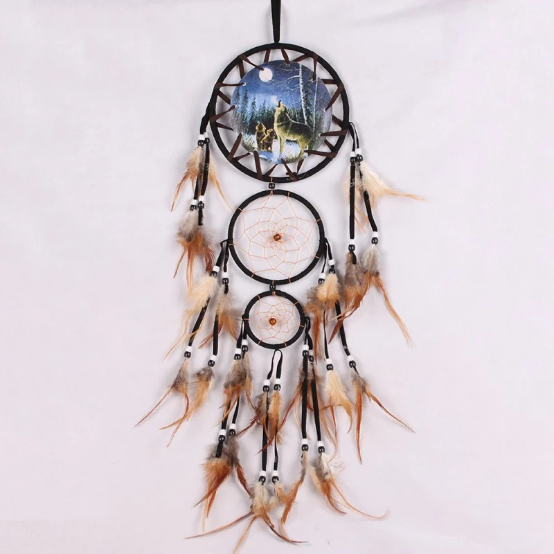 Handmade Dream Catcher Creative Wall Decorations Wolf Pattern Boho Dreamcatcher Retro Feathers Ornament Home Room Hanging Decor