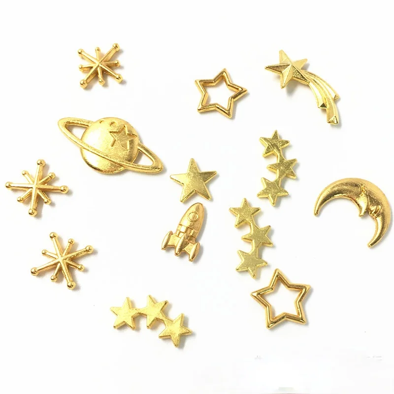 

50Pcs Mixed Design Rockets Cats Planet Nail Art Metal Pieces Slices Gold 3D Nail Designs Charms For Gel Polish Alloy Tips