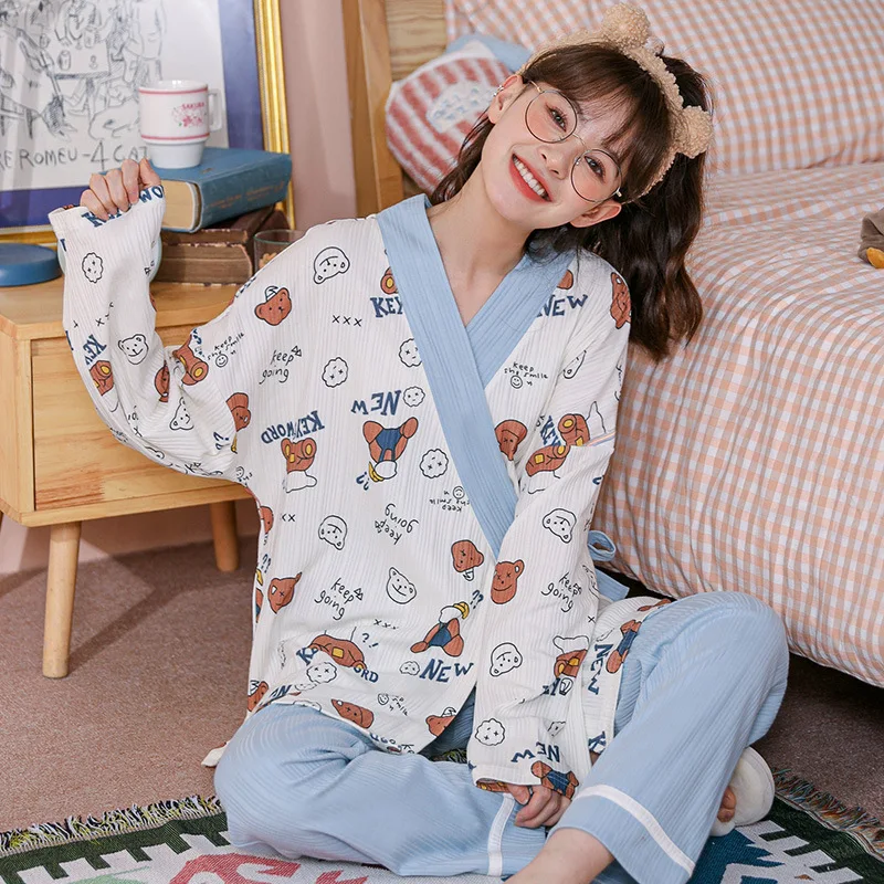 Japan Kimono Sleepwear Fashion Cardigan V-neck Women's Pajama Suit Plus Size Spring Female Clothing sets pijama feminino Freeshi