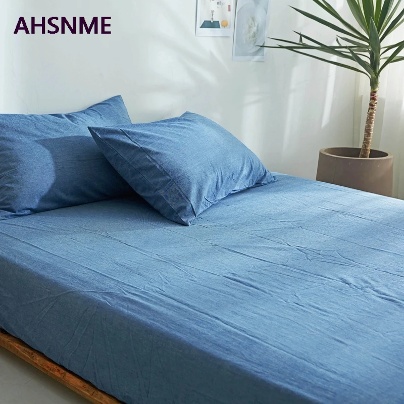 AHSNME Sea blue 100% Cotton sheets Super Soft parure de lit Cool Summer Simple Water Fitted Sheet 100/120/135/150/200/180/200cm