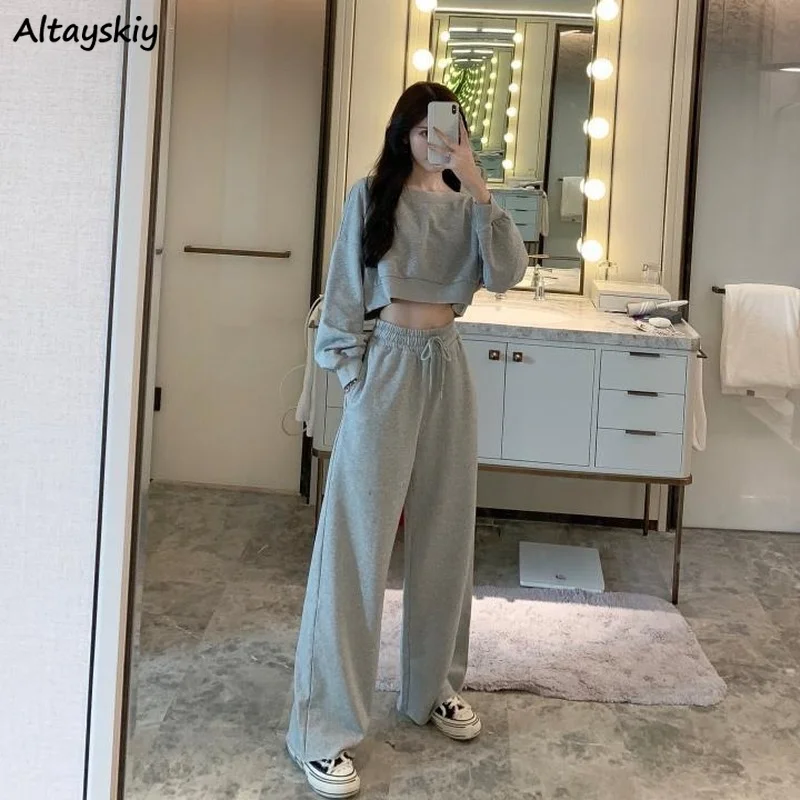 Sets Women Outfits BF All-match Cropped 2 Pieces O-Neck Leisure Elastic Waist Straight Solid Popular Full Length Pant Teens Gray