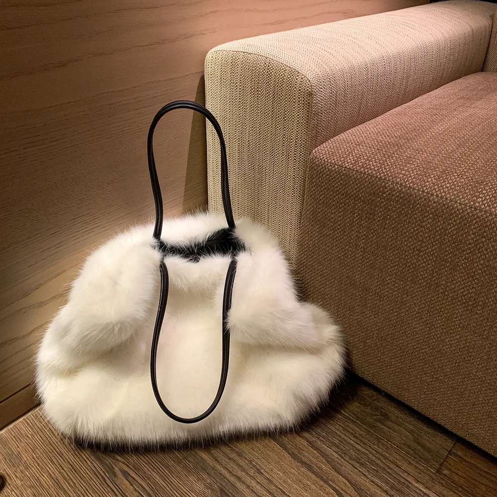 New Women Mink Fur Shoulder Bag Totes Handbag Brand Party Bag Ladies Natural Mink Fur Hand Bags Luxury Designer Evening Bag