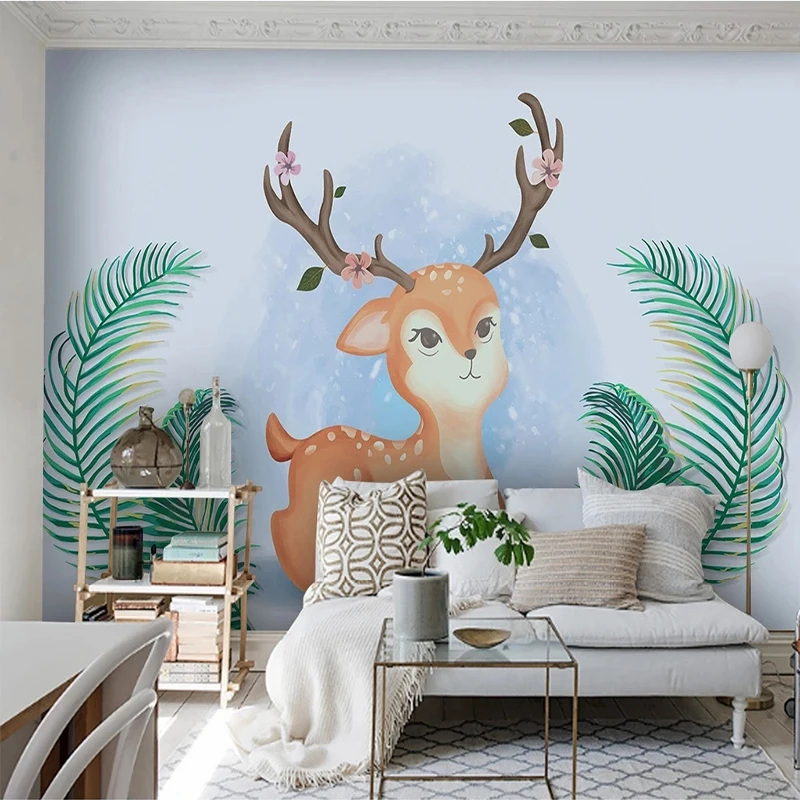 Custom Any Size Self-Adhesive 3D Modern Minimalist Nordic Cartoon Cute Elk Leaf Children's Room Background Wall Papel De Parede