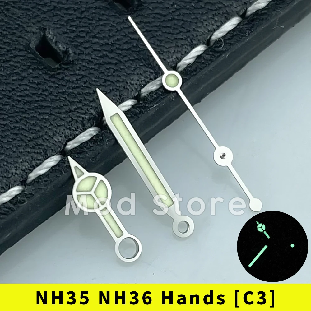 C3 Lume Silver Watch Hands Set Mod For NH35 NH36 4r35 4r36 Mov\'t SUB Style Polished Finish