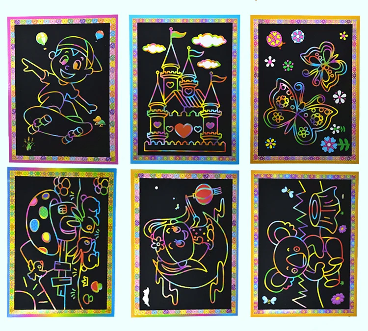 5 Stks/set Cartoon Kleur Scratch Boek Voor Kinderen Creatieve Diy Magic Rainbow Schrapen Papier Graffiti Schilderen Kaart Met Stok