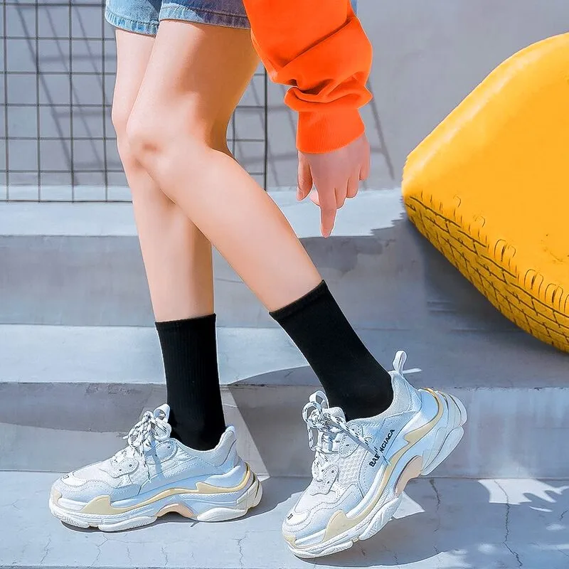 1 Pair Classic Cotton Women Socks Personality Harajuku Black White Skateboard Knitted Sports School Girls Fashion Casual Socks