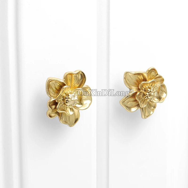 Exquisite 2PCS Pure Brass European Orchid Furniture Handles Drawer Pulls Cupboard Wardrobe Kitchen TV Wine Cabinet Pulls Gifts