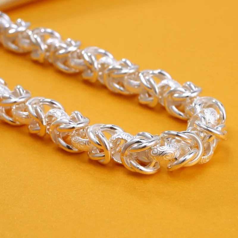 Pure 999 Fine Silver Necklace With 6.5mm Hollow Pattern Link Chain Dragon Head Button For Man