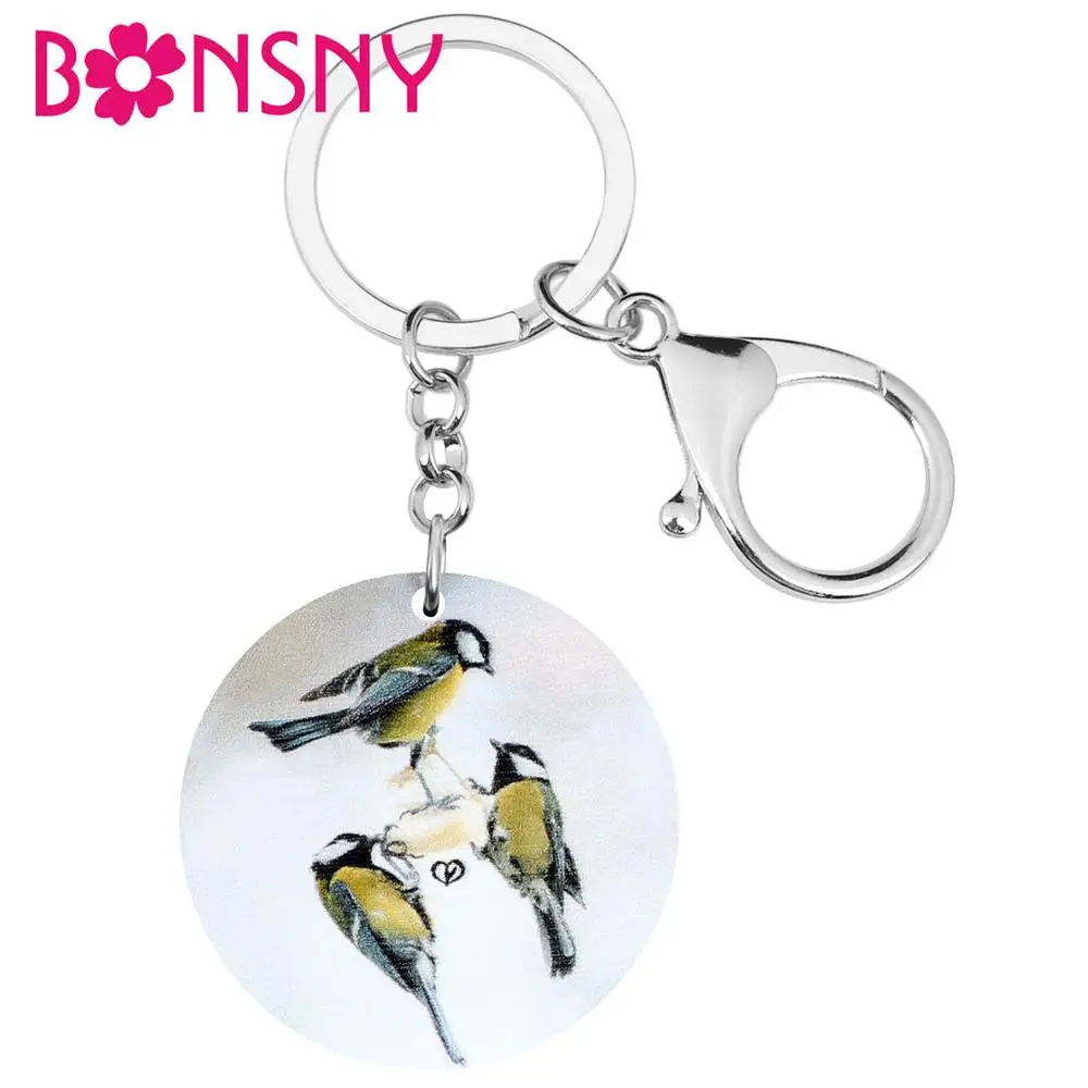 Bonsny Acrylic Round Parus Major Keychains Keyring Printing Realistic Animal Key Chain Jewelry For Women Girls Kids Trendy Gift