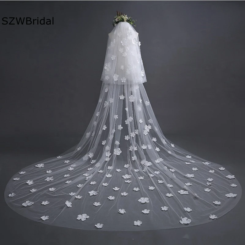 New Arrival Ivory Bridal veil Two Layers 3D Flower Cathedral Wedding veils with Comb tocado novia