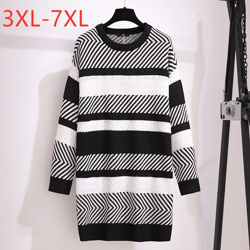 New 2021 Ladies Autumn Winter Plus Size Knit Tops For Women Large Pullover Long Sleeve Black Stripe Sweater 3XL 4XL 5XL 6XL 7XL