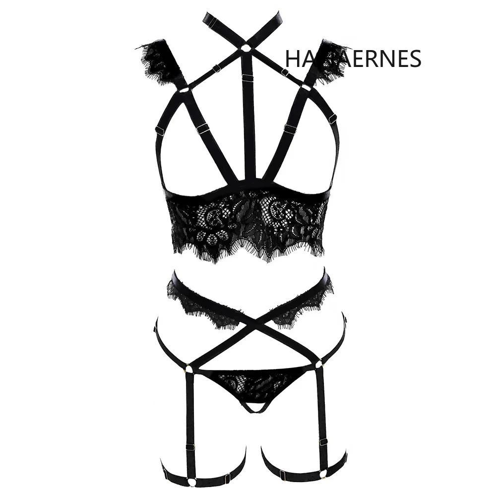 HANAERNES Sexy black lace open chest cage Bra Harajuku Gothic crop top bondage nightclub woman sexy harness lingerie