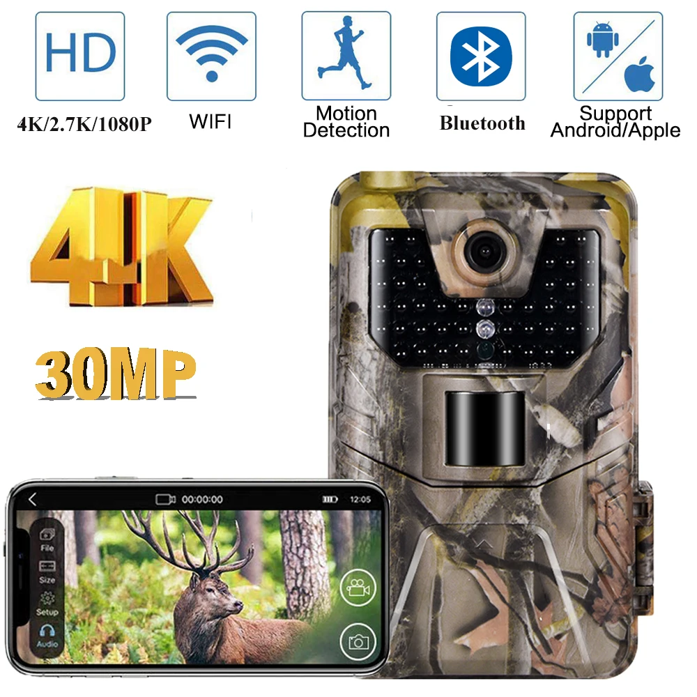 Câmera de trilha de transmissão ao vivo wi-fi 4k 30mp app controle bluetooth câmeras de caça visão noturna wifi900pro vigilância da vida selvagem