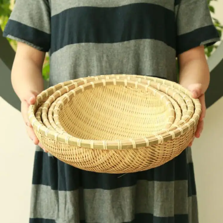 Bamboo Weaving Round Basket Sieve Farmhouse Handmade Storage Household Fruit Vegetable Basket