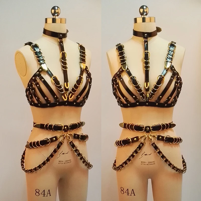 100% Handmade Handcrafted Harness Heavy Duty Gold Leather Bra Choker Top Waist Cincher Belts