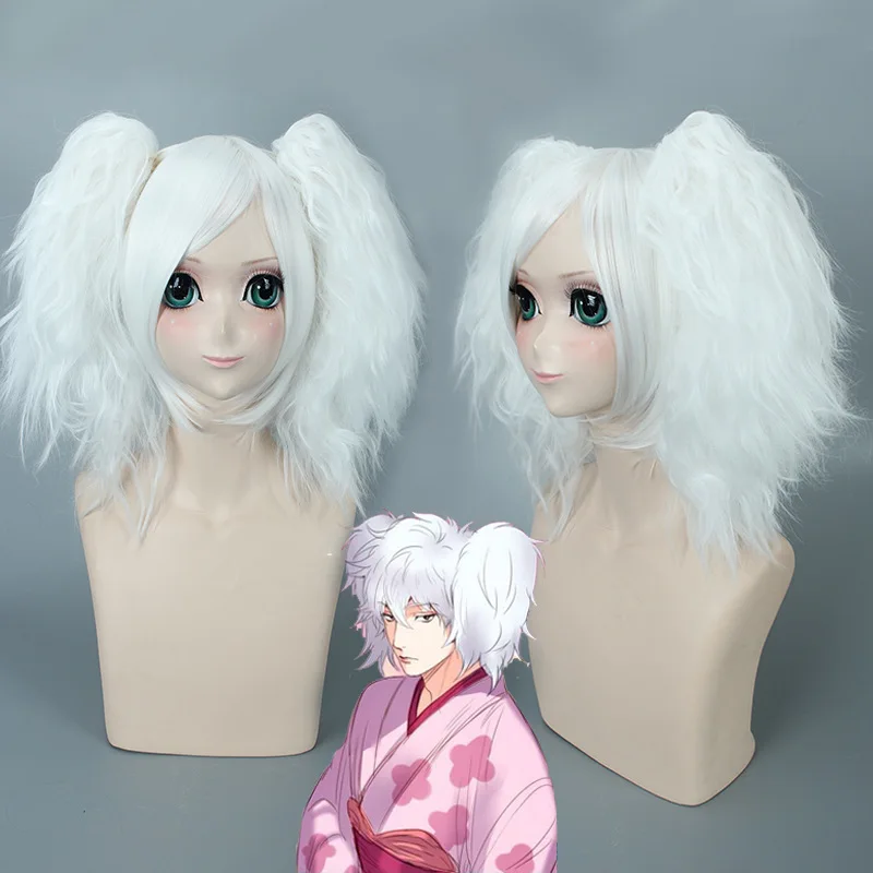 Anime Gintama Gintoki Sakata Women Cosplay Wig with Ponytails Silver Soul White Wigs Heat Resistant fiber Synthetic fake hair