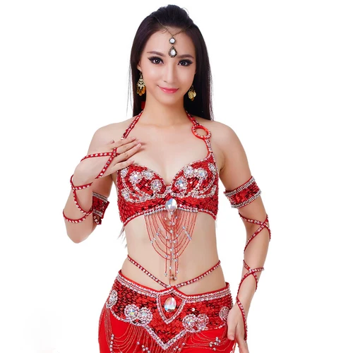 Imagen 2 del producto Conjunto de traje de danza del vientre para mujer, Top con cuentas, sujetador y cinturón, 2 piezas, traje de danza del vientre, traje de baile de Bollytwood femenino, 11 colores