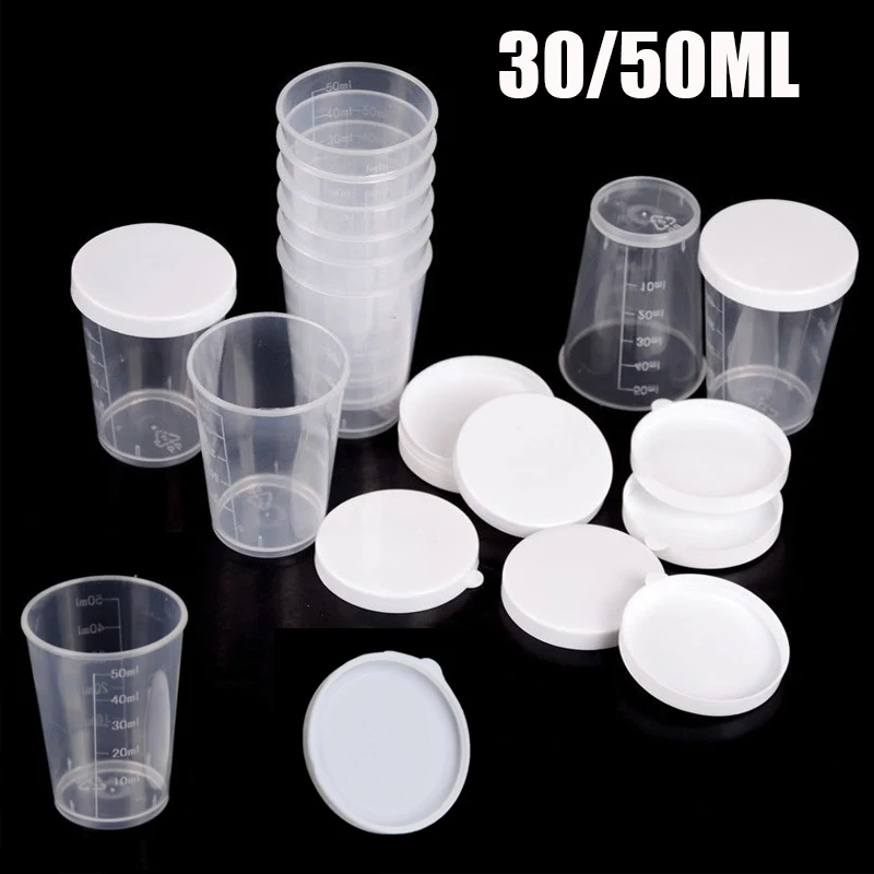 30/50ML Clear Plastic Scaled Sample Cup With Lid Laboratory Kitchen Sample Measuring Cup 10PCS