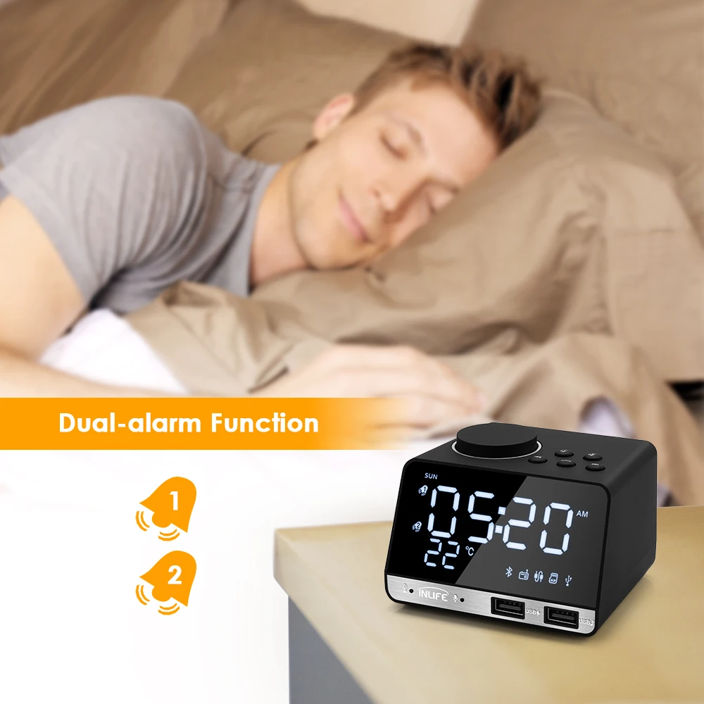 K11 Bluetooth-compatible 4.2 Radio Alarm Clock Speaker With 2 USB Ports LED Digital Alarm Clock Home Decration Table Clock EU