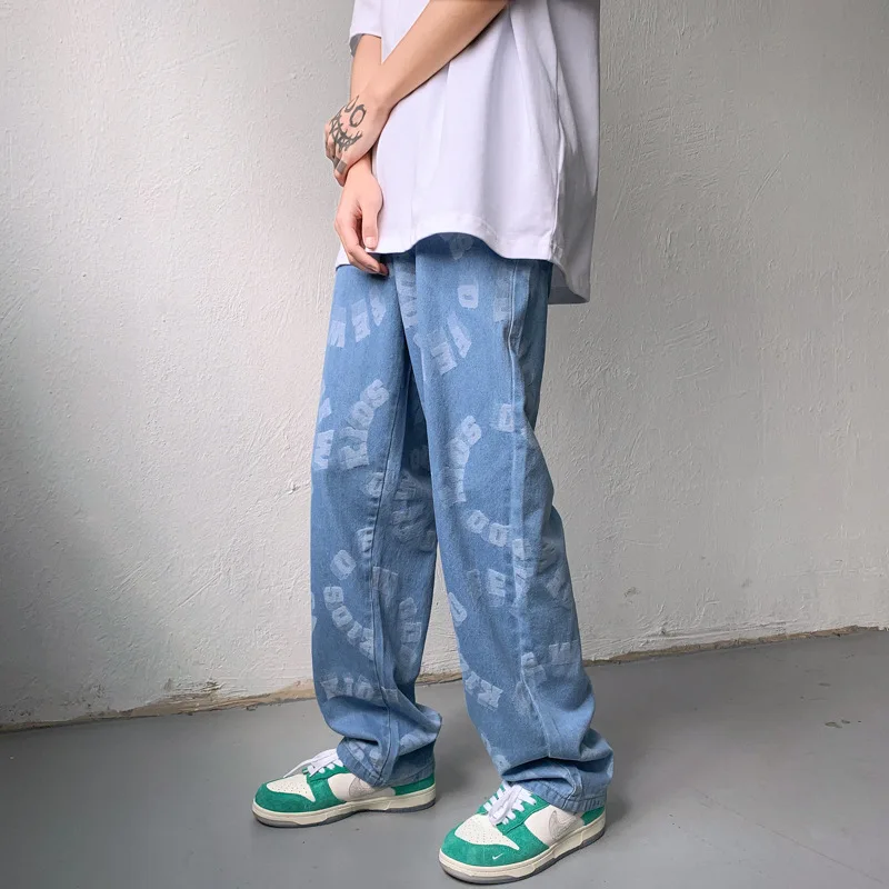 ICCLEK jeans men's summer thin loose print trousers autumn new personality casual wide-leg pants