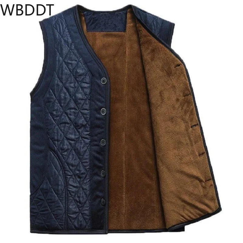 WBDDT Waistcoat Men Sleeveless Fleece Vest Argyle Jacket Mens Warm Vest Winter Thick Male Vests Old Men Loose Blue Drops