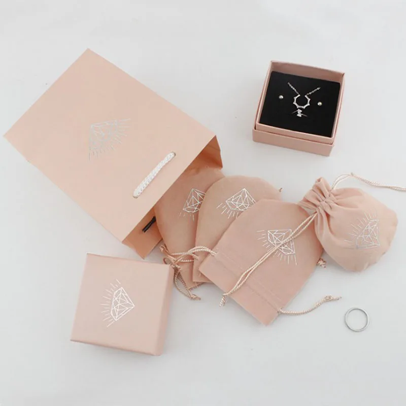 Square jewelry organizer box Engagement Ring Pink Diamond Necklace Box Gift Storage Paper Bags Event Party Flannel Bags 20pc/lot