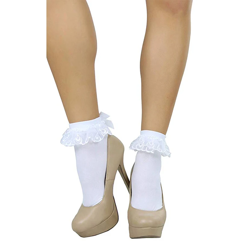 Comeondear White Ankle Socks With Bow Cotton Lace Ruffle Princess Socks Women Cotton Short Socks H21001