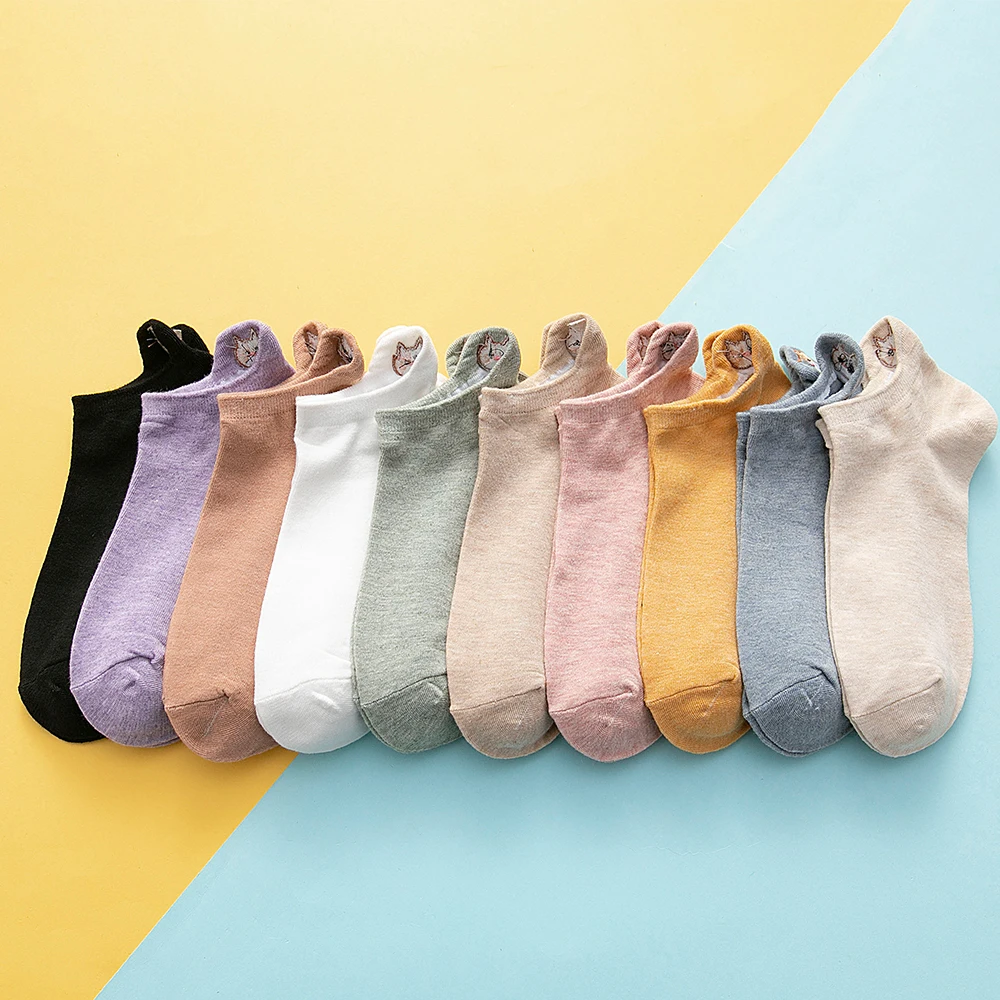 Women's Boat Socks Spring/Summer Solid Color Embroidered Kitten Cotton Casual Comfortable Kawaii Sports Women's Non-Slip Socks