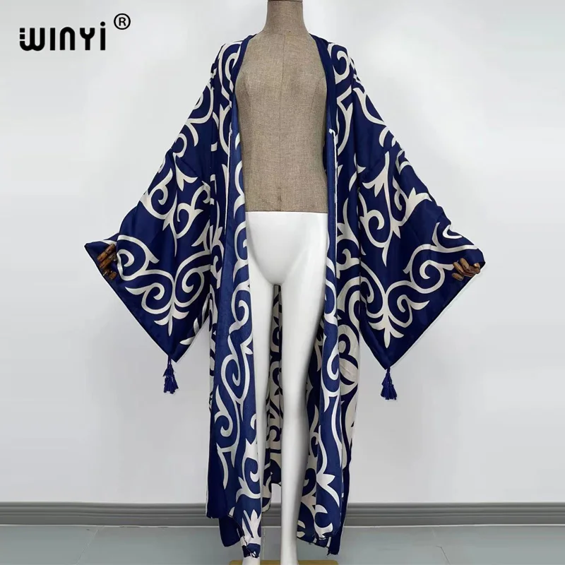 Osłona do Bikini-up traf bawełna słodka dama różowa Boho nadruk z wszytym paskiem przód otwarty długi Kimono sukienka tunika plażowa kobiety sukienki typu Wrap