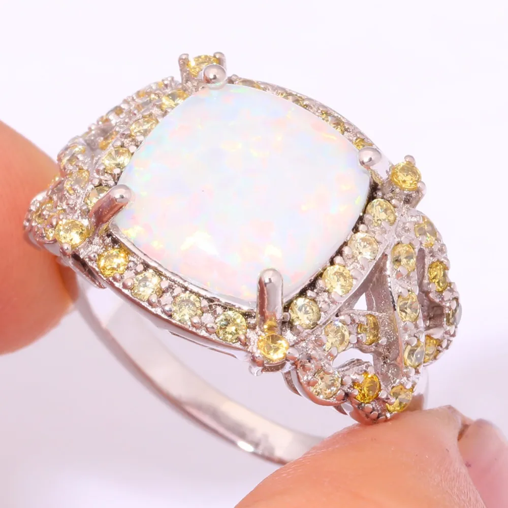 CiNily Exquisite Female White Opal Squre Ring with Gold Zircon Silver Plated Big Gemstone Ring for Women Wedding Fashion Jewelry