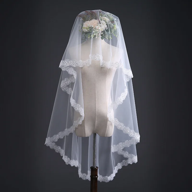 In Stock Ivory Long Bridal veil Lace edge Wedding veils Velo de novia voile mariage wedding accessories sluier schleier