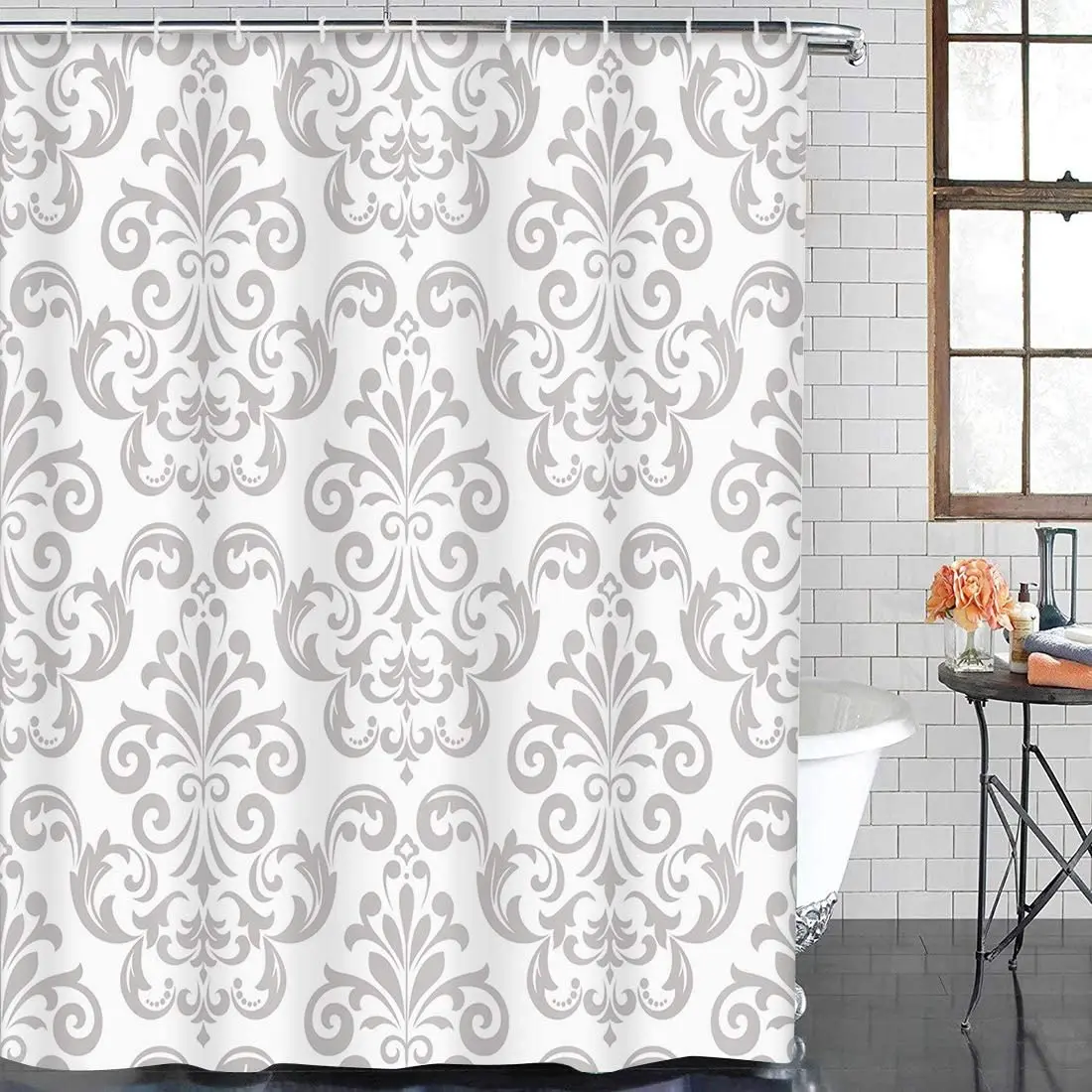 Silver Antique in The Style of Baroque Gray and White Floral Graphic Pattern Curtains Damask Shower Curtains Waterproof