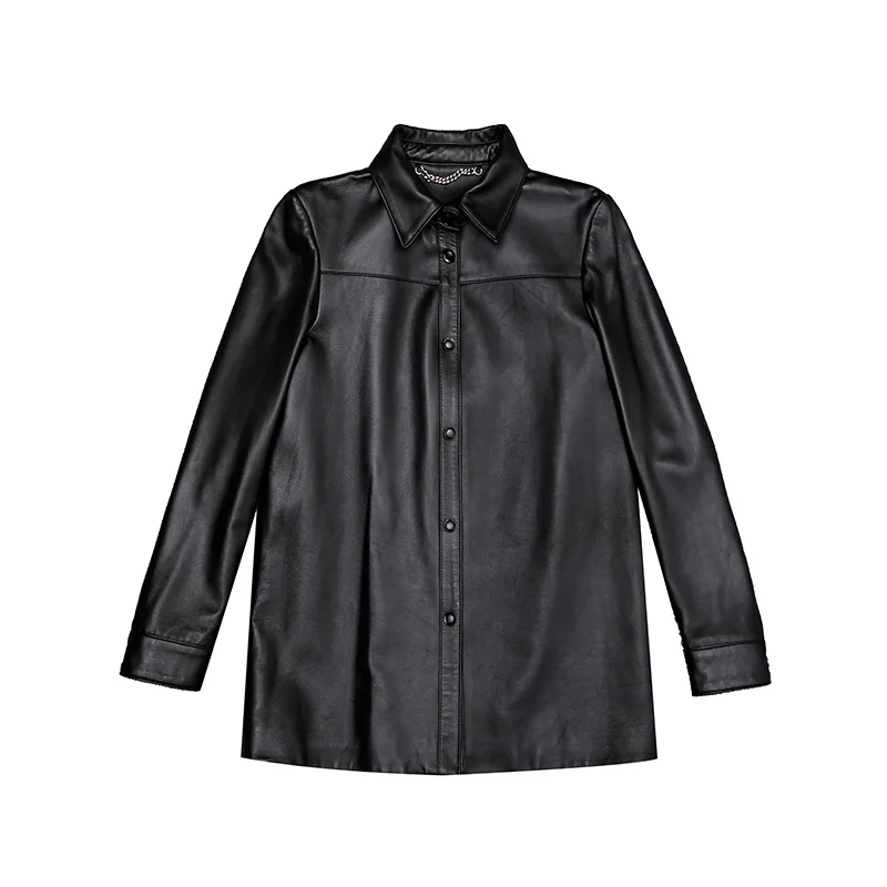 女性のための本革のジャケット,新しい,秋冬,100% 天然シープスキン,ベルト付きの黒の長袖スリムコート