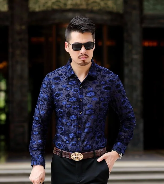 

Shirt Mens Silk Vevlet Floral See Through Summer Thin Soft Long Sleeve Male Shirts Camisa Social Masculina Chemise Homme