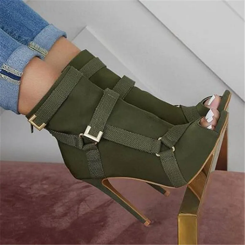 

Black Army Green Women Fashion Peep Toe Suede Leather Stiletto Heel Short Boots Braided Buckles Strap High Heel Ankle Booties