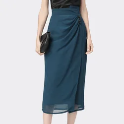 Fashion High Waist Slit Skirt Women Summer New Solid Color Mid-Length Straight Chiffon Skirts Elegant Slim Office Ladies Skrits