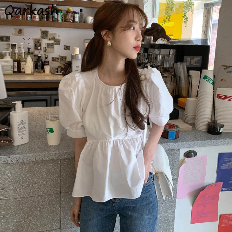 Puff Sleeve Blouses Women White O-neck All-match Korean Style Sweet Cute Tops Summer Chic Female Temperament Design Fashion New