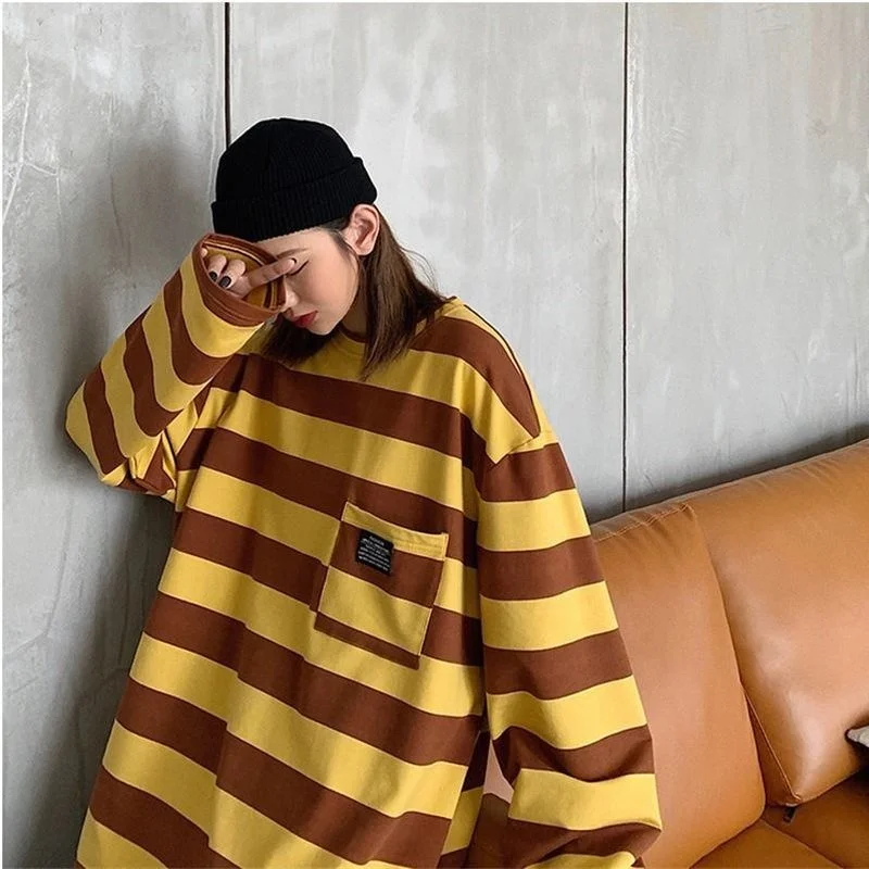 Plus size striped long-sleeved T-shirt men women 2022 spring autumn trendy Korean casual simple pocket stitching cool bottom top